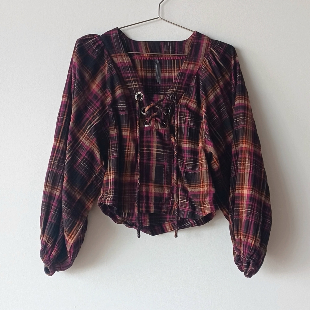 Anthropologie Plaid Lace-Up Women's Top Blouse